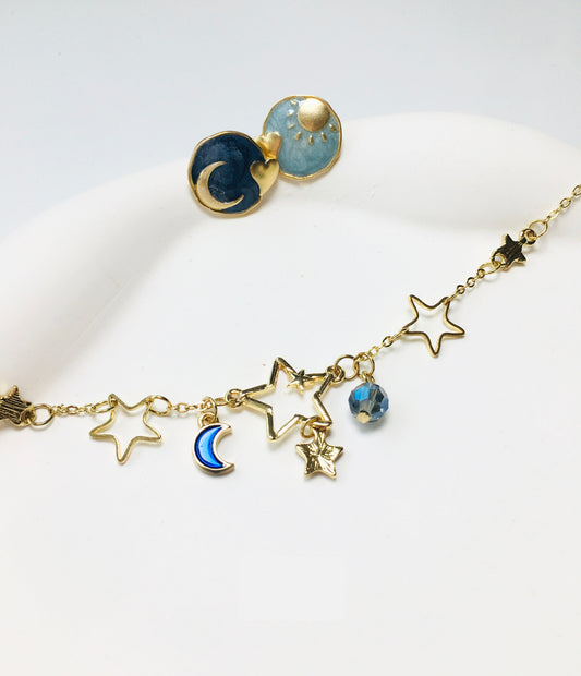 Irregular Vintage Earrings & Star Moon Pendant Bracelet Jewelry Set
