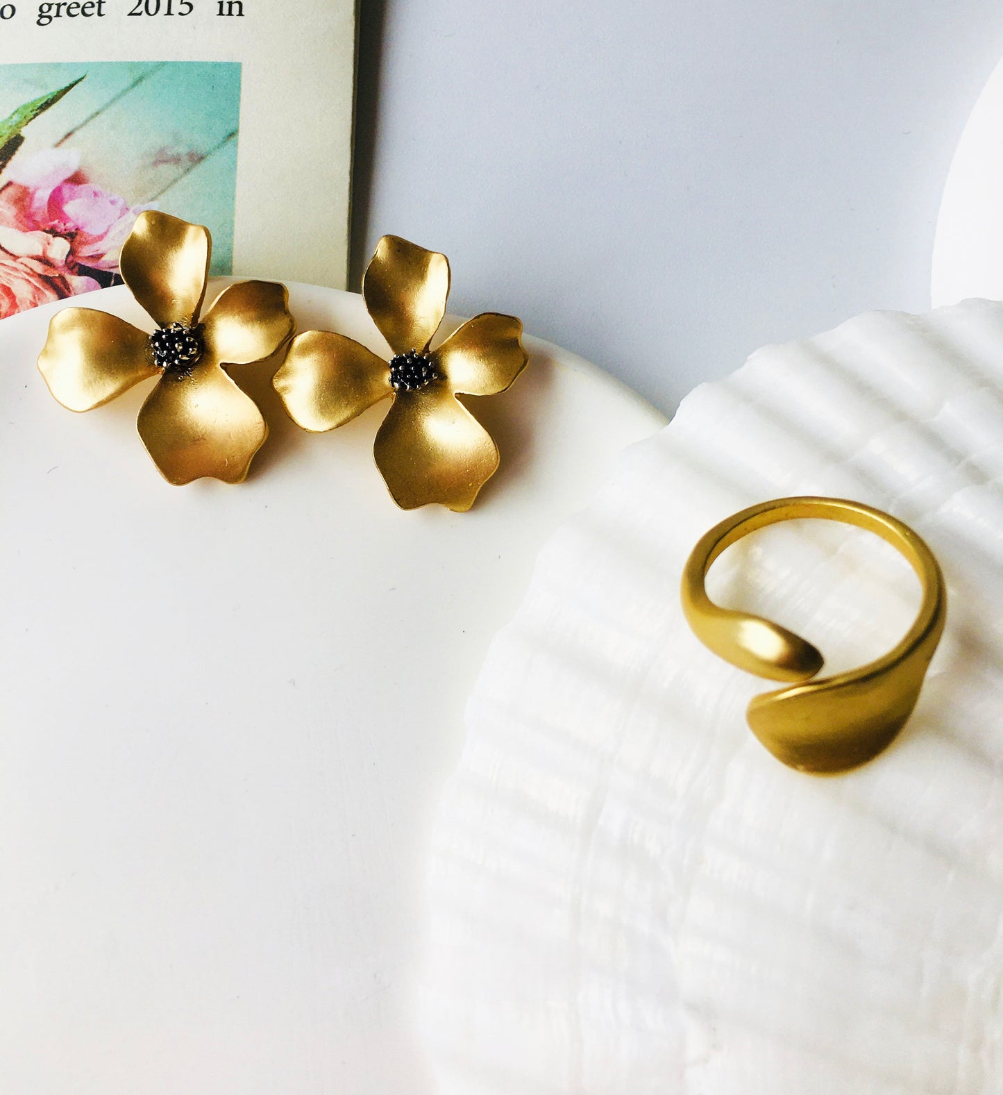Matte Gold Flower Earrings & Adjustable Ring Jewelry Set