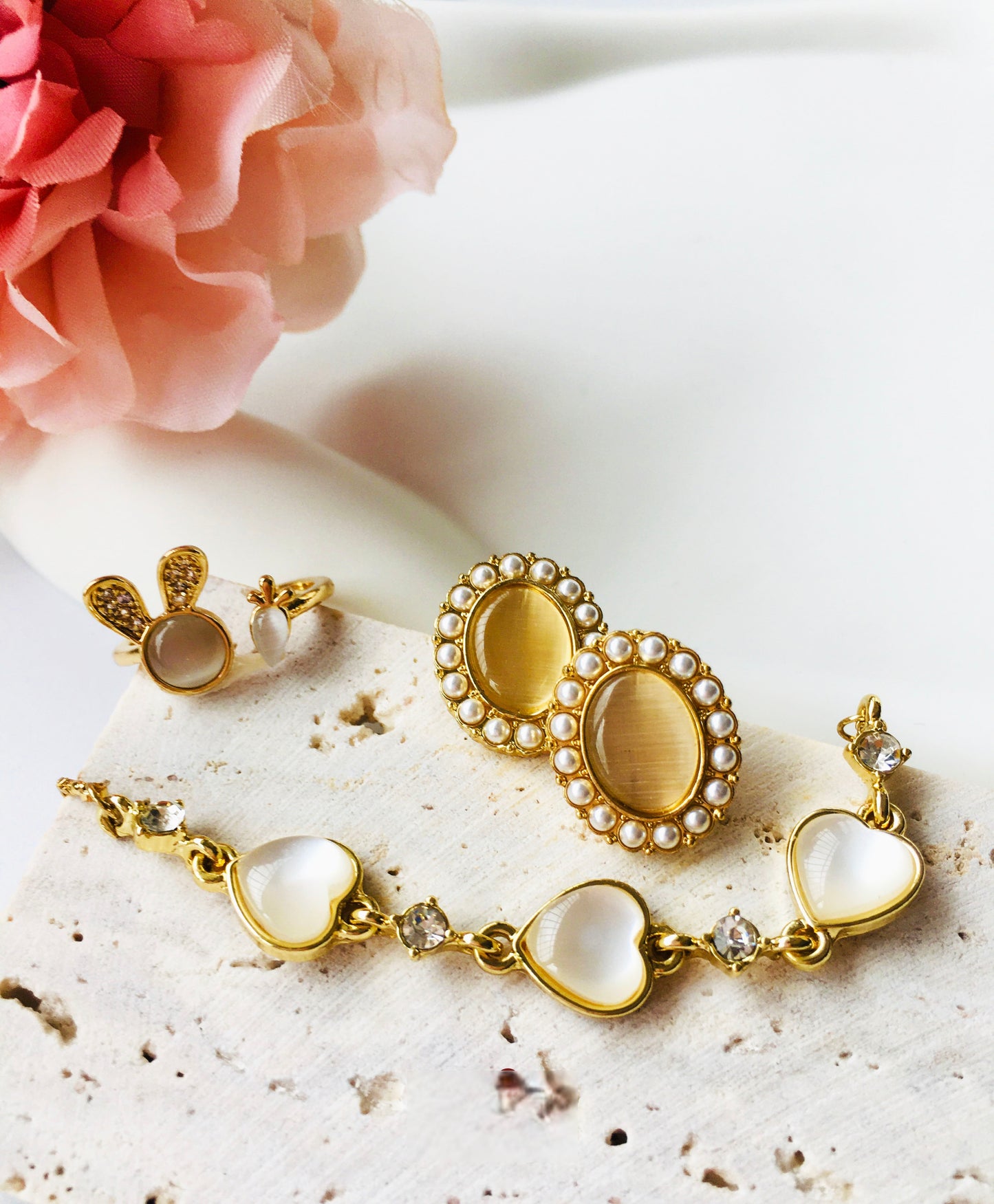 Gold Opal Crystal-Pearl Bracelet & Earrings & Ring Jewelry Set