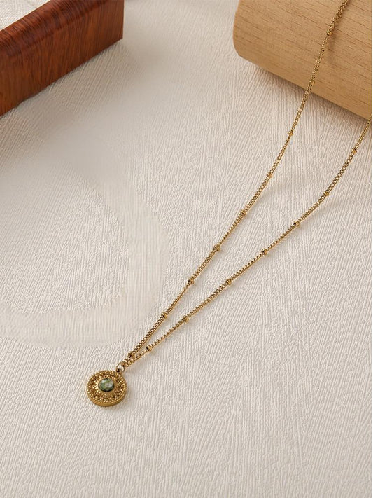 African Turquoise Round Pendant Gold Necklace
