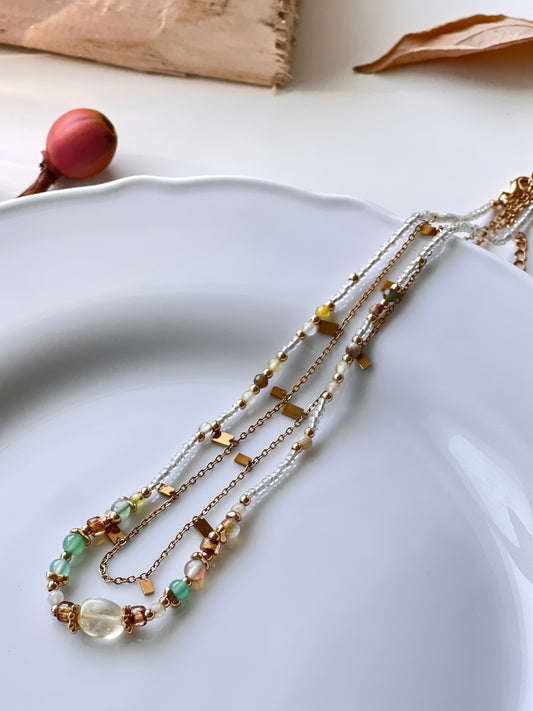 Amber Beaded & Geometric Chain Layered Necklace Set