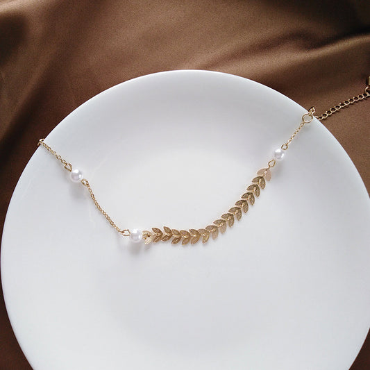 Asymmetric Leaf Decor Pearl Chain Necklace & Bracelet & Vintage Sun Earrings Jewelry Set