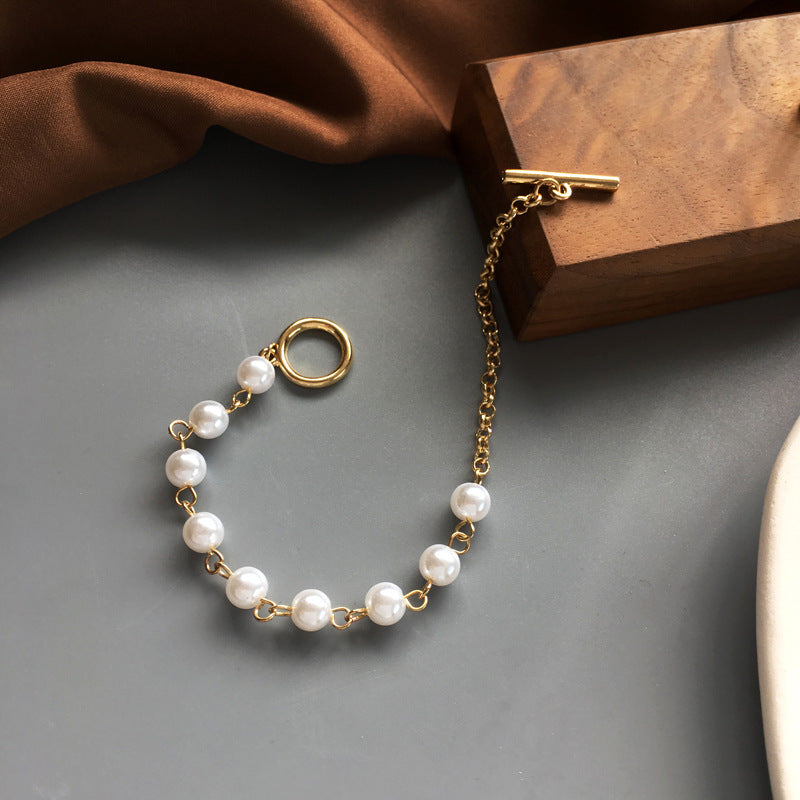 Layered Pearl Necklace & Asymmetric Pearl Link Chain Bracelet Jewelry Set