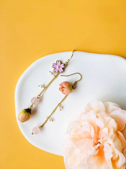 Hotpink Rose Dried Flower with Pearl & Crystal Bracelet & Sakura Drop Earrings Jewelry Set