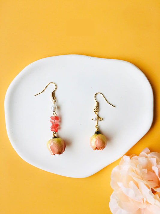 Asymmetry Yellow with Pink Rose Dried Flower with Pearl & Pink Crystal Drop Earrings