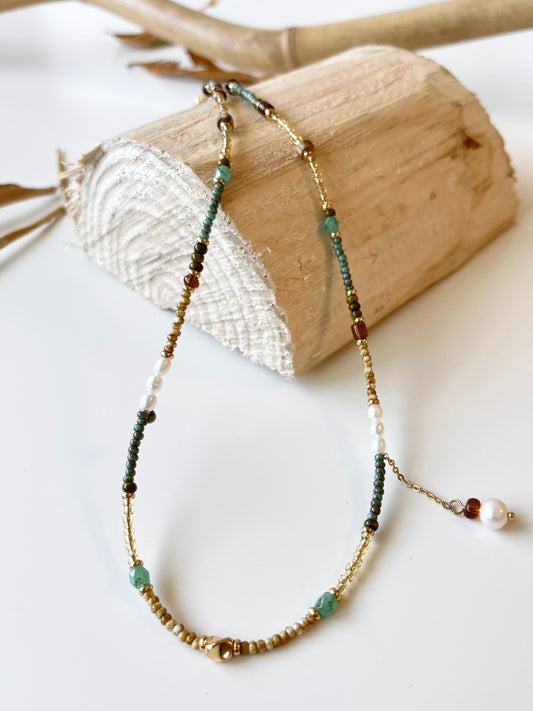 Multi Color Beaded with Pearl Drop Pendant Necklace