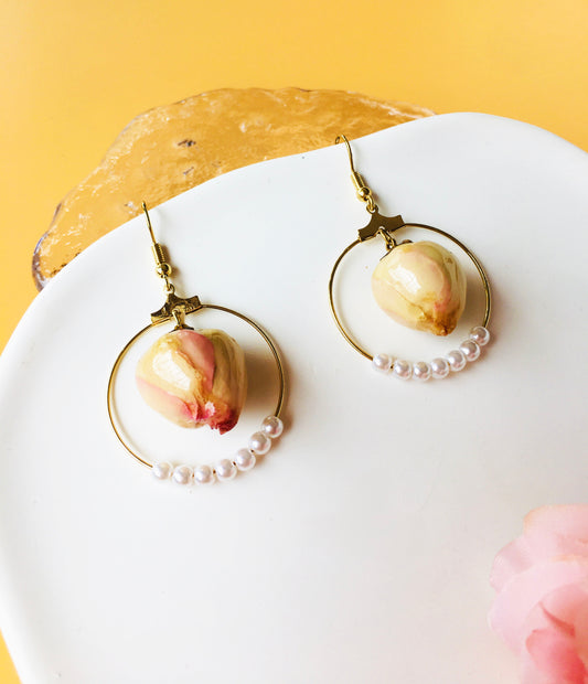 Beige with Light Pink Rose Dried Flower with Pearl Cercle Shape Drop Earrings