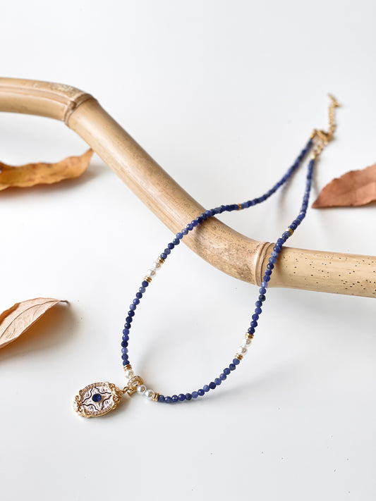 Blue Crystal Necklace with White and Blue Enamel Pendant