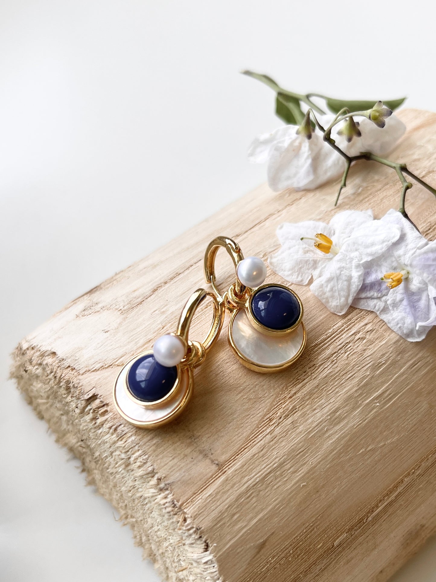 Blue Stone and Mother of Pearl with Freshwater Pearls Drop Earrings