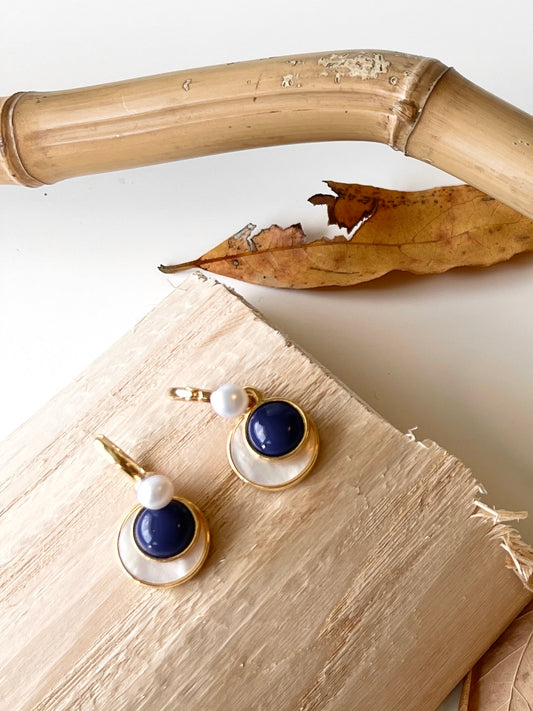 Blue Stone and Mother of Pearl with Freshwater Pearls Drop Earrings