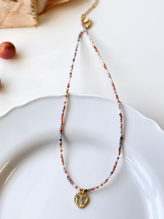 Colorful Beaded Butterfly Pendant Necklace