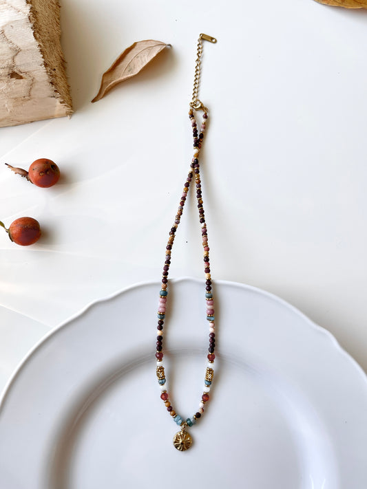 Colorful Beaded Textured Gold Pendant Necklace