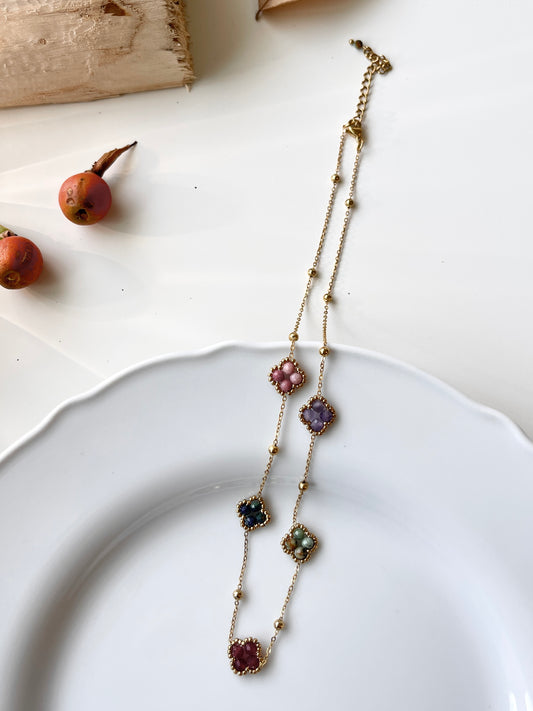 Colorful Gem Blossom & Minimalist Drop Layered Necklace Set