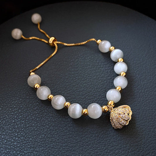 Gold Crystal Beaded Bracelet with Shell Charm & Shell with Pearl Drop Earrings Jewelry Set