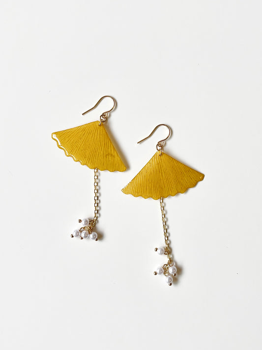 Dried Ginkgo Leaf with Pearl Drop Earrings