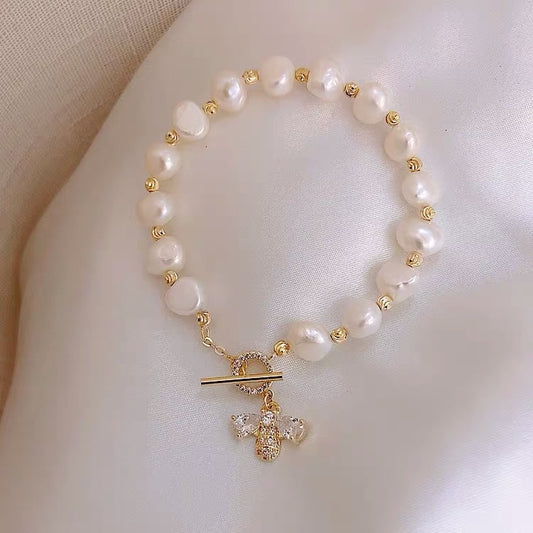 Gold Baroque Pearl Bracelet with Crystal Bee Charm & Crystal-Pearl Stud Earrings Jewelry Set