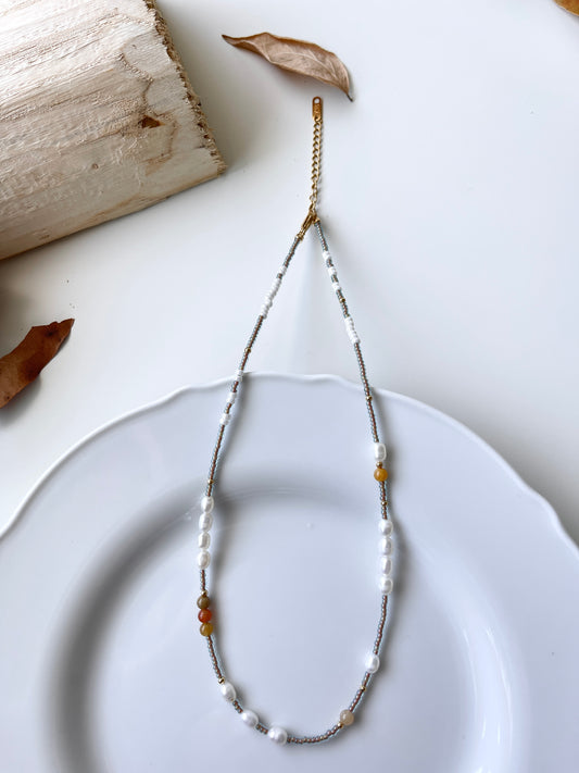 Grey Beaded with Pearls Necklace