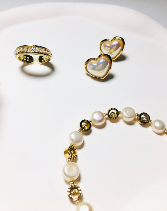 Heart Earrings & Asymmetric Pearl Link Chain Bracelet, Ring Jewelry set