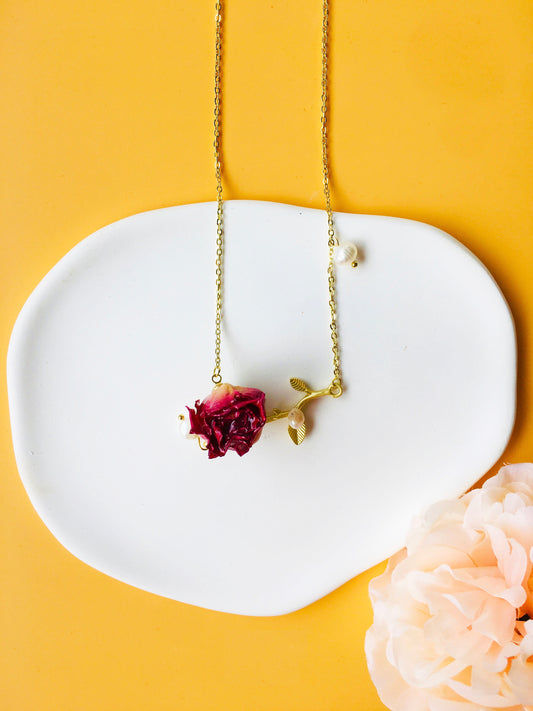 Hotpink Rose Dried Flower with Pearl & Gold leaf Pendant Necklace