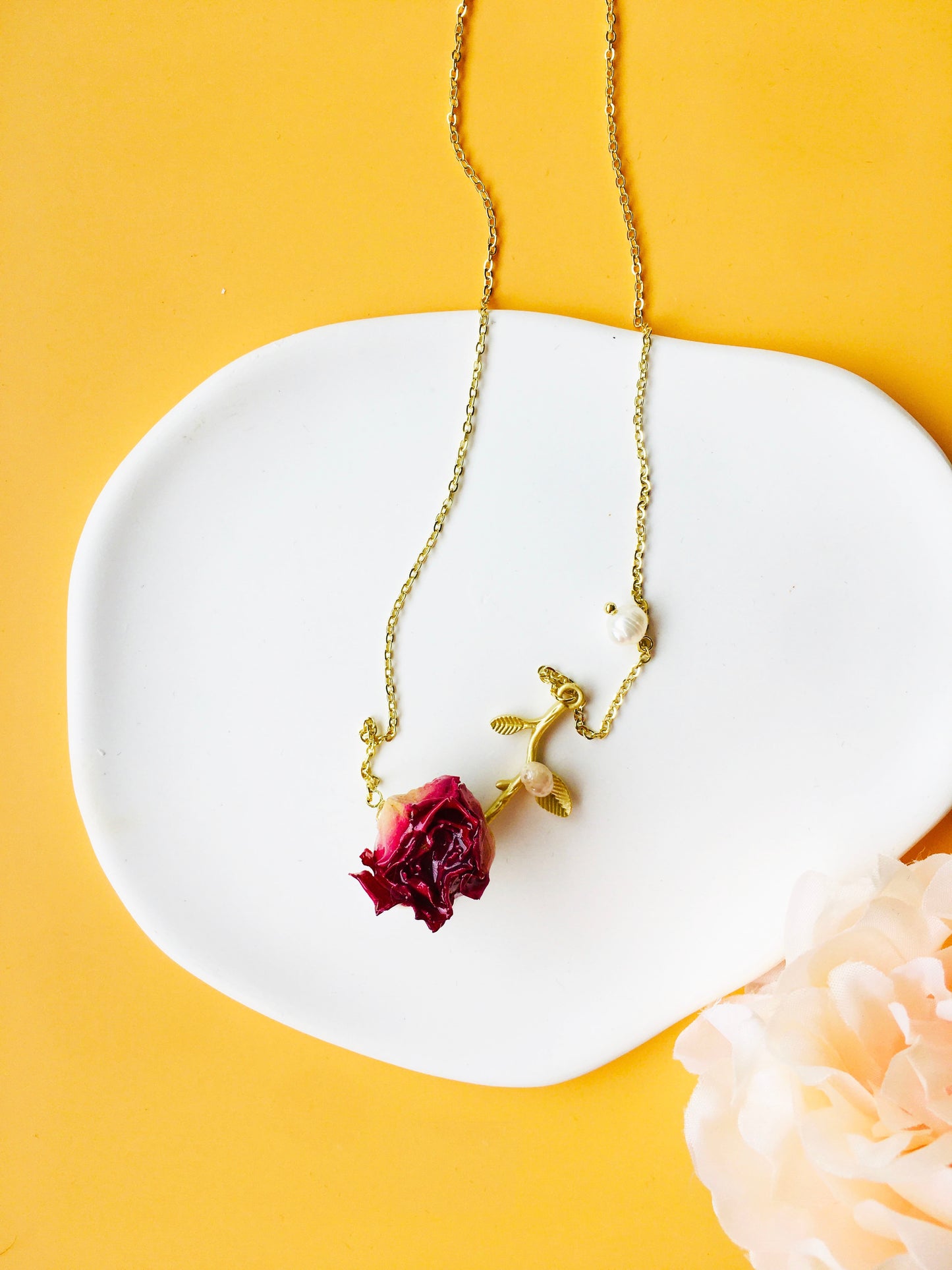 Hotpink Rose Dried Flower with Pearl & Gold leaf Pendant Necklace