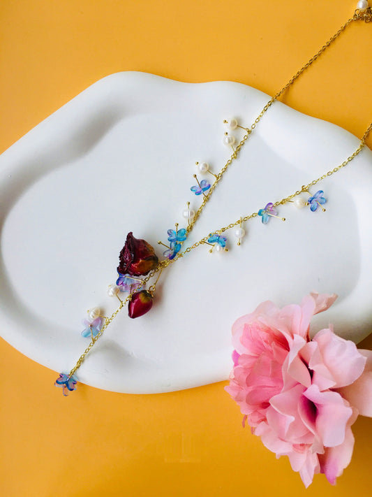 Hotpink Rose Dried Flower with Pearl & Blue Flower Pendant Necklace