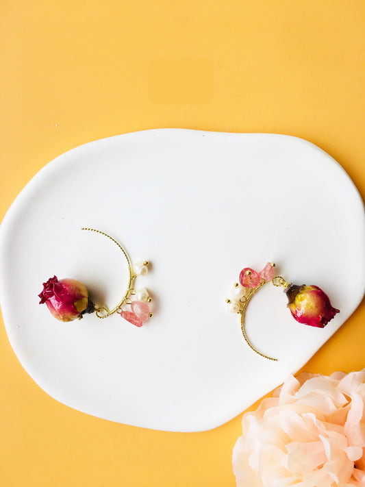 Rose Dried Flower with Pearl & Crystal Earrings