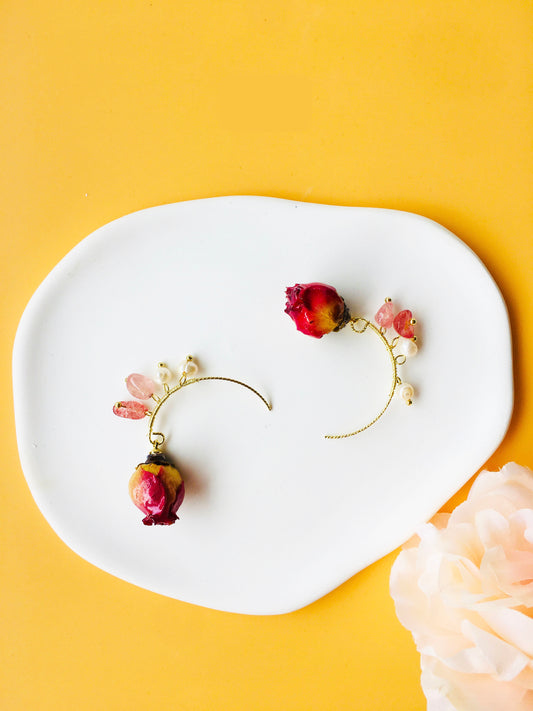 Hotpink Rose Dried Flower with Pearl Pendant Necklace & Pearl with Crystal Jewelry Set