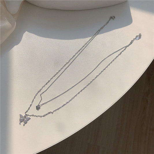 Layered Butterfly & Rhinestone Decor Charm Necklace & Ring Jewelry Set