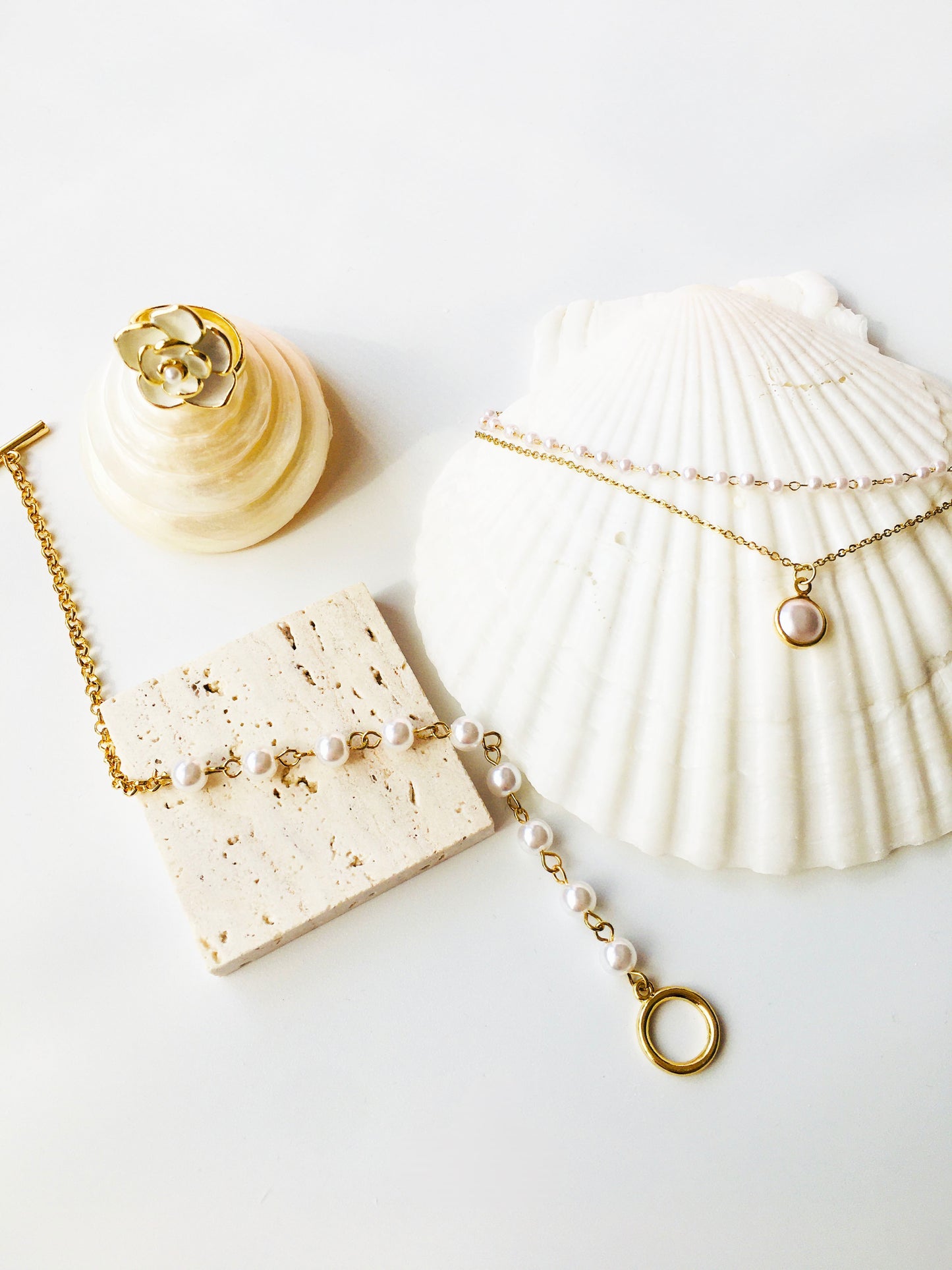 Layered Pearl Necklace & Asymmetric Pearl Link Chain Bracelet Jewelry Set