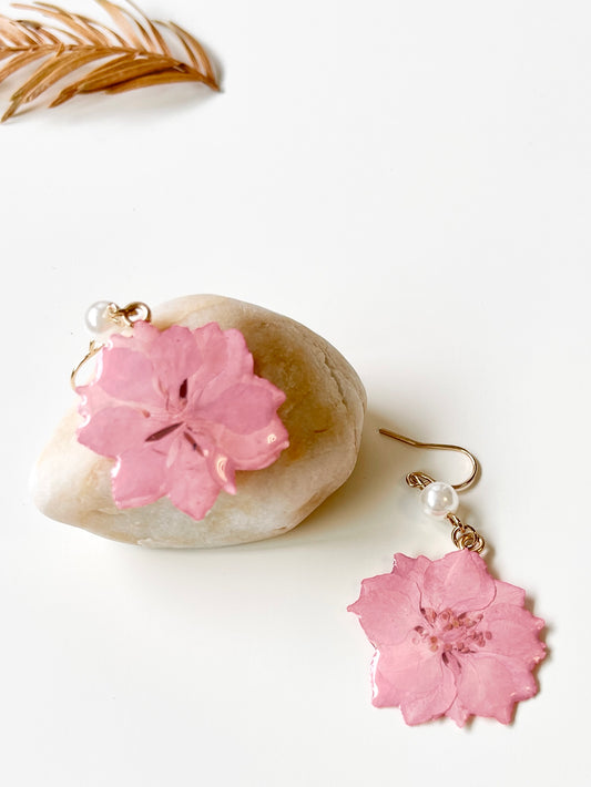 Pink Dried Larkspur Pearl Earrings