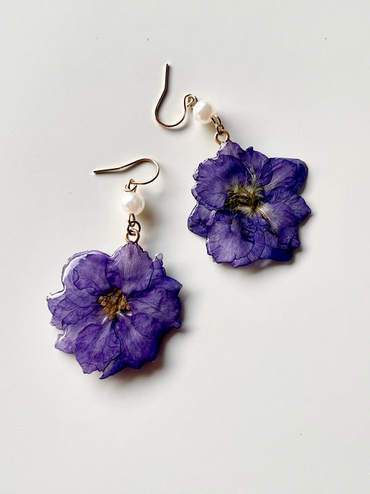 Purple Dried Larkspur Pearl Earrings
