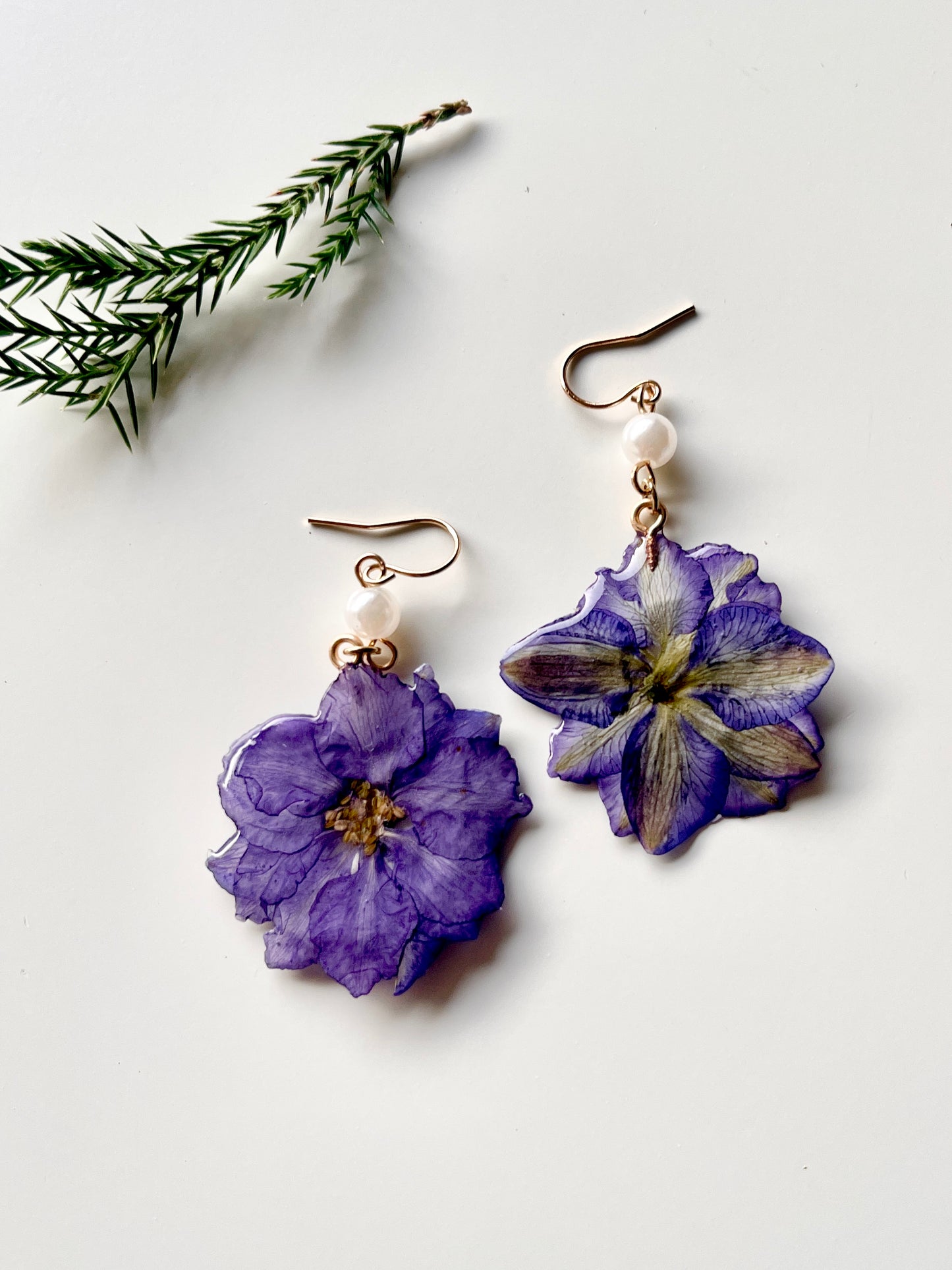 Purple Dried Larkspur Pearl Earrings