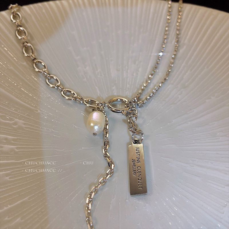Rhinestone Decor Pearl Pendant Asymmetric Necklace Jewelry Set