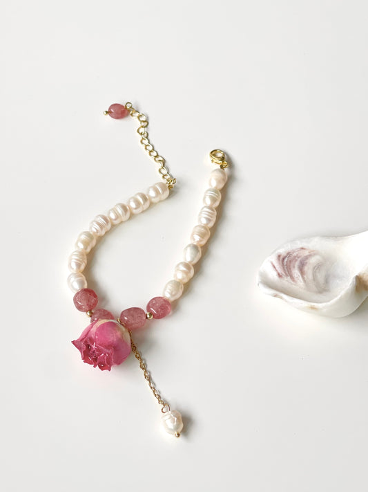 Rose Dried Flower with Pearl & Crystal Bracelet