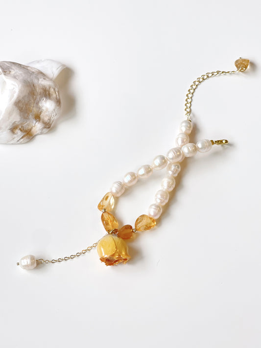 Rose Dried Flower with Pearl & Crystal Bracelet