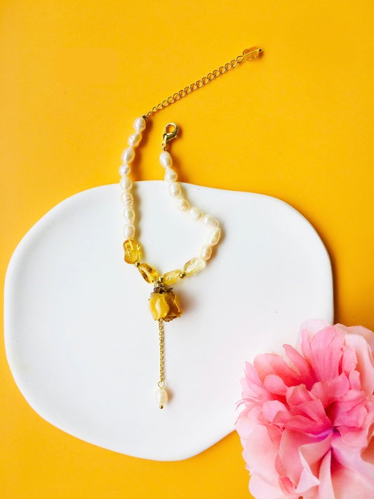 Rose Dried Flower with Pearl & Crystal Bracelet & Pearl Decor Drop Earrings Jewelry Set