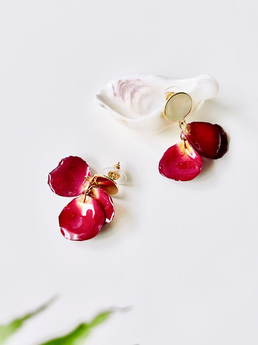 Rose Petal Dried Flower Metal Earrings