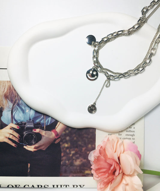 Silver Chain Link with Charms Necklace & Bracelet Jewelry Set