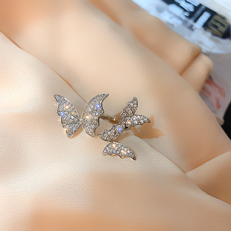 Silver Hollow Out Butterfly & Hoop Charm Necklace & Ring Jewelry Set