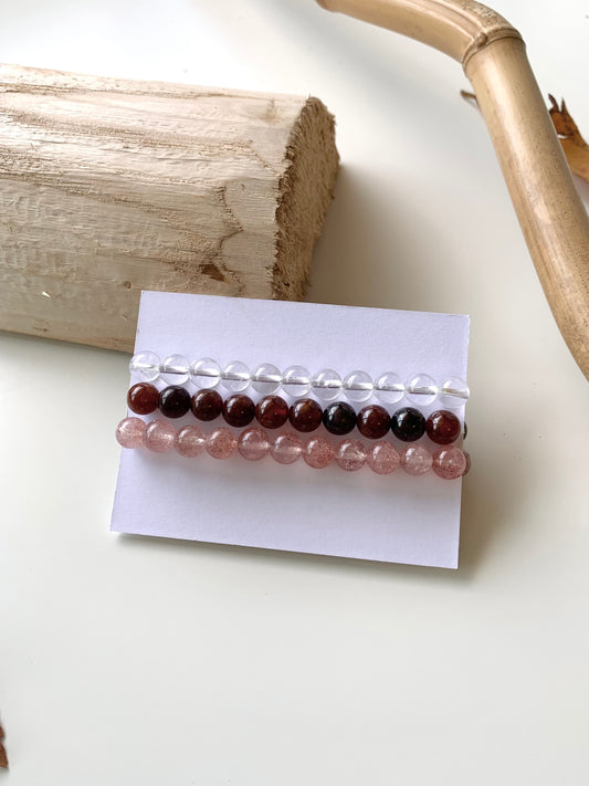 Solar Red · Clear Quartz, Orange Garnet & Strawberry Quartz Stacking Bracelets