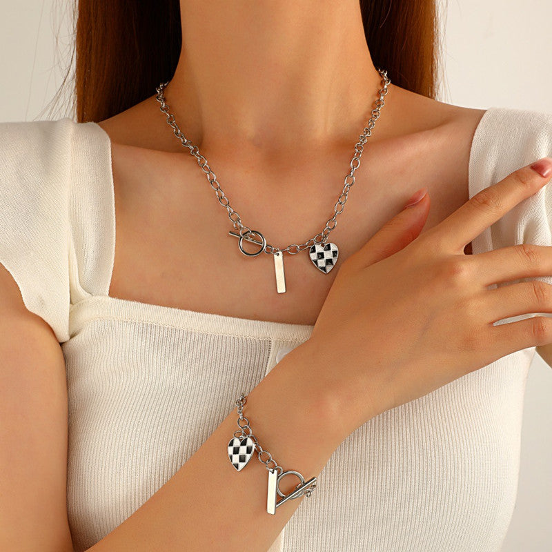 Vintage Black and White Checkerboard Heart Pendant Jewelry Set