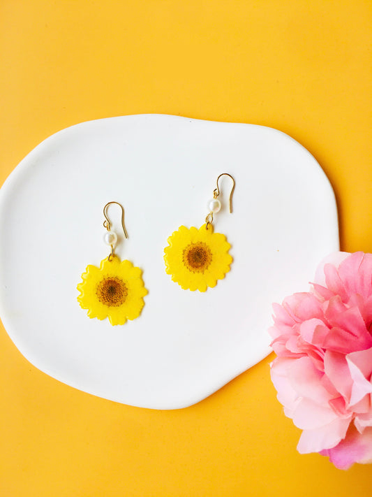 Yellow Daisy Dried Flower with Pearl Gold Drop Earrings