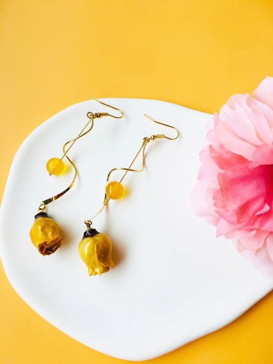 Yellow Rose Dried Flower with Yellow Crystal Drop Earrings
