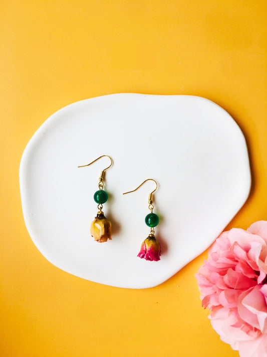 Hotpink Rose Dried Flower with Pearl & Letter Pendant Bracelet & Dark Green Crystal Stone Drop Earrings Jewelry Set