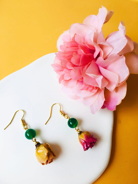 Yellow with Hotpink Rose Dried Flower with Dark Green Crystal Stone Drop Earrings