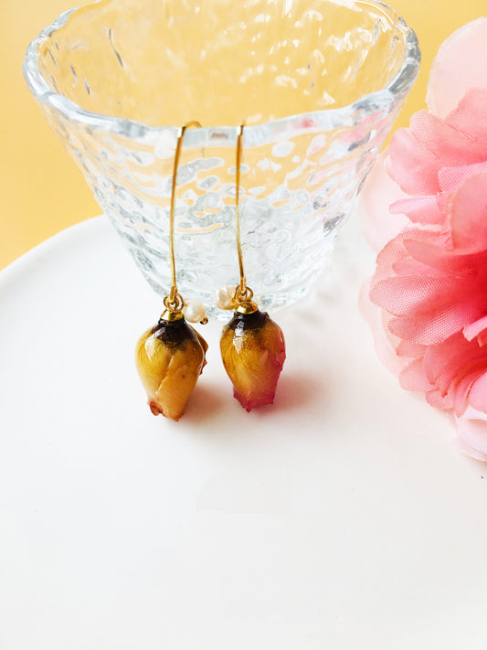 Yellow with Hotpink Rose Dried Flower with Pearl Drop Earrings