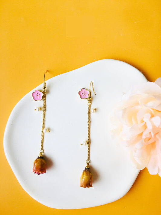 Yellow with Hotpink Rose Dried Flower with Pearl & Sakura Drop Earrings