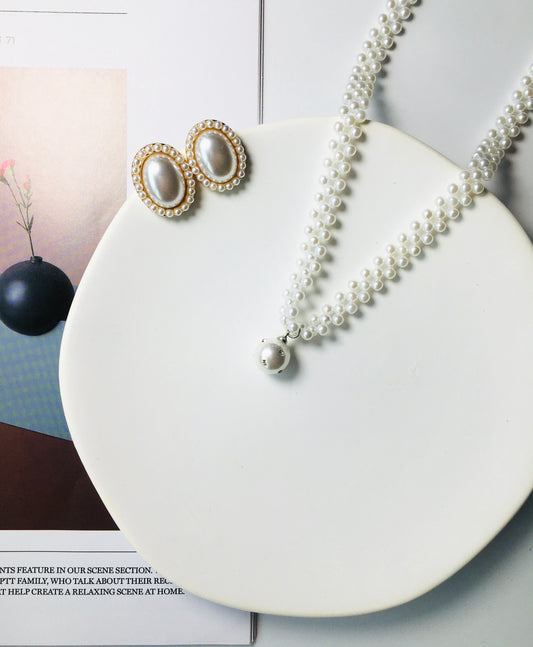 2pcs Woven Faux Pearl Choker Necklace & Earrings Set