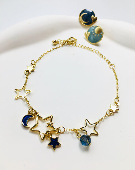 3pcs Irregular Vintage Earrings & Star Moon Pendant Bracelet Jewelry Set