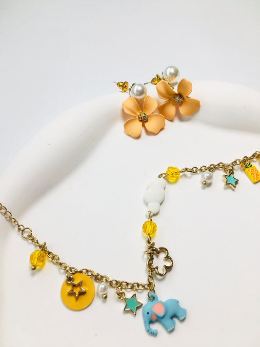 3pcs Pearl Flower Drop Earrings & Elephant Star Pendant Bracelet Jewelry Set